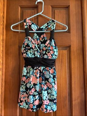 Floral Crossback Tank in Black, Coral & Aqua